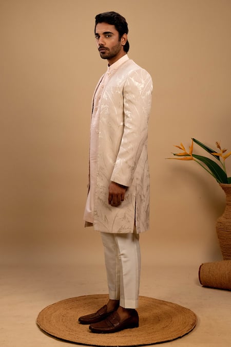 Agape_Peach Suiting Applique Cord Abstract Leaf Vine Pattern Bundi Kurta Set_at_Aza_Fashions