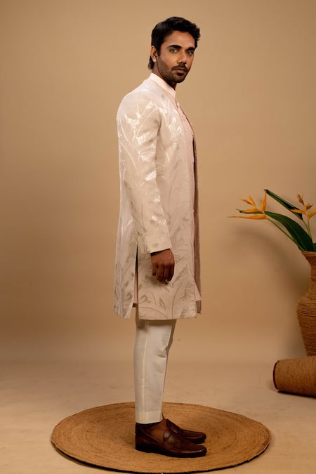 Buy_Agape_Peach Suiting Applique Cord Abstract Leaf Vine Pattern Bundi Kurta Set