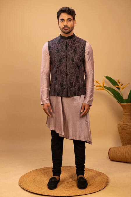 Shop Agape Black Silk Embroidery Abstract Bundi Kurta Set at Aza Fashions Shop_Agape_Black Silk Embroidery Abstract Bundi Kurta Set_at_Aza_Fashions