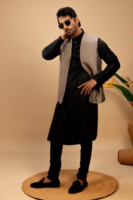 Agape Brown Thread Embroidered Bundi Kurta Set 