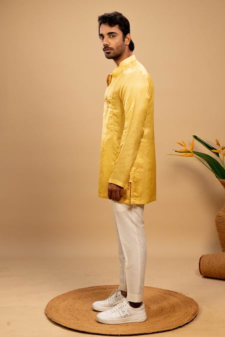 Agape_Yellow Silk Applique Ombre Panel Work Kurta Set_Online_at_Aza_Fashions