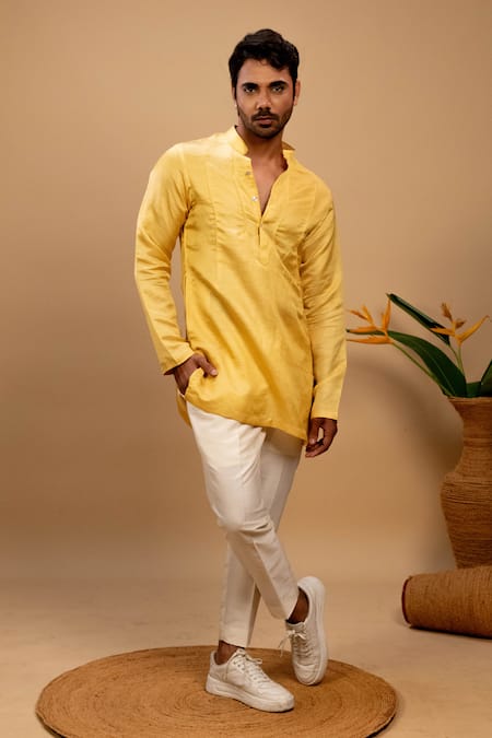 Buy_Agape_Yellow Silk Applique Ombre Panel Work Kurta Set_Online_at_Aza_Fashions