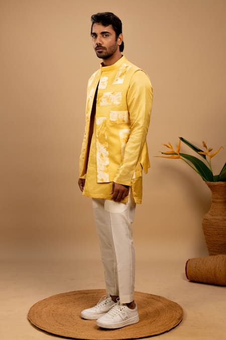Agape_Yellow Silk Applique Ombre Panel Work Kurta Set_at_Aza_Fashions