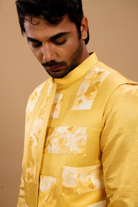 Buy_Agape_Yellow Silk Applique Ombre Panel Work Kurta Set