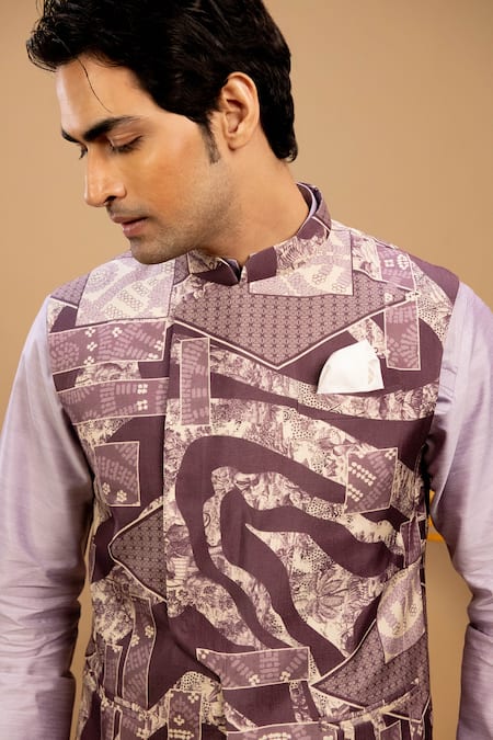 Agape_Purple Silk, Handloom Cotton Abstract Print Bundi Kurta Set_at_Aza_Fashions