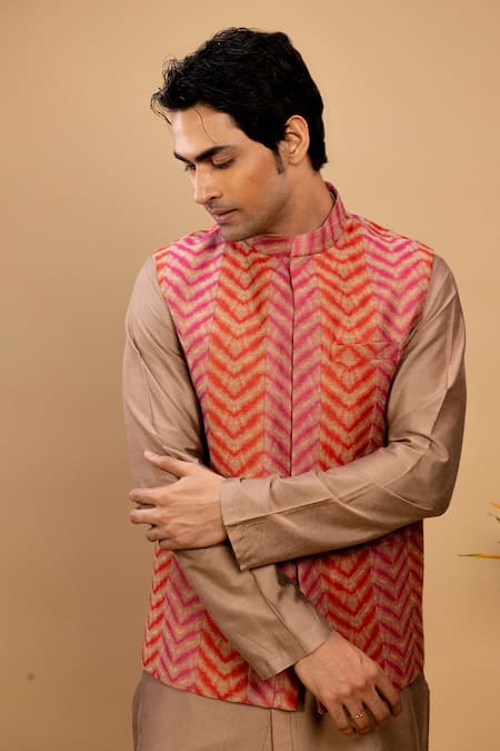 Agape_Multi Color Cotton, Silk Chevron Print Bundi Set_at_Aza_Fashions