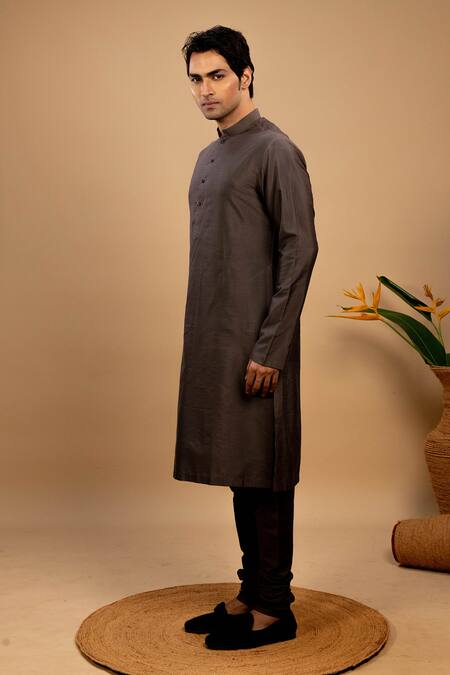 Agape_Gray Cotton, Silk Embroidery Floral Printed Bundi Kurta Set_Online_at_Aza_Fashions