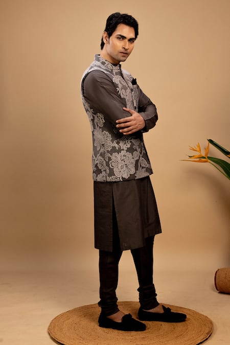 Shop_Agape_Gray Cotton, Silk Embroidery Floral Printed Bundi Kurta Set_Online_at_Aza_Fashions