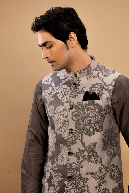 Agape_Gray Cotton, Silk Embroidery Floral Printed Bundi Kurta Set_at_Aza_Fashions