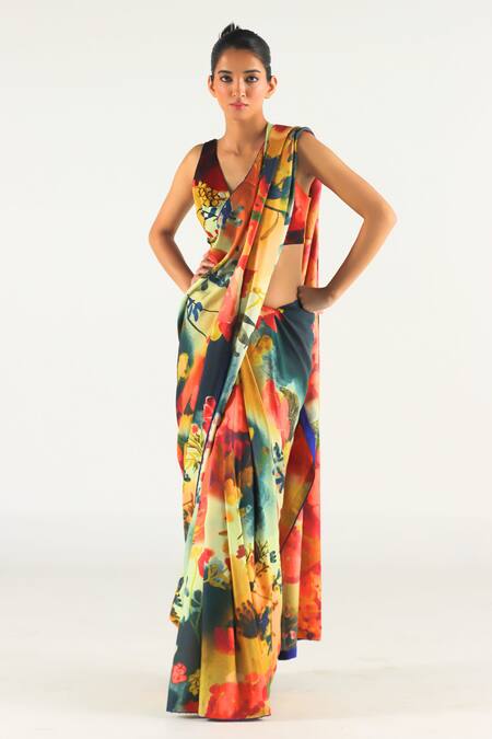 Til Multi Color Satin, Beads Fresco Floral Print Saree With Blouse Online at Aza Fashions Til_Multi Color Satin, Beads Fresco Floral Print Saree With Blouse _Online_at_Aza_Fashions
