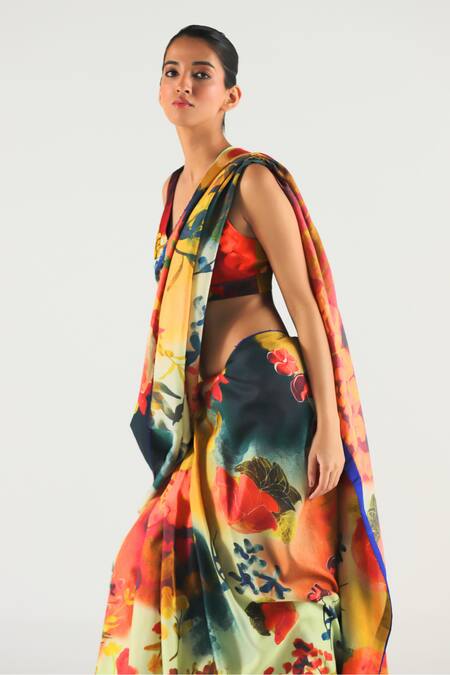 Buy Til Multi Color Satin, Beads Fresco Floral Print Saree With Blouse Online at Aza Fashions Buy_Til_Multi Color Satin, Beads Fresco Floral Print Saree With Blouse _Online_at_Aza_Fashions