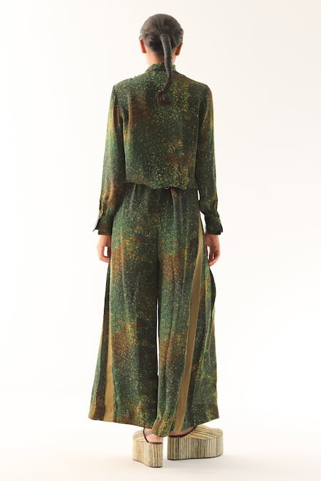 Shop Til Green Georgette High Neck Freckle Print Top And Trouser Co-ord Set at Aza Fashions Shop_Til_Green Georgette High Neck Freckle Print Top And Trouser Co-ord Set _at_Aza_Fashions