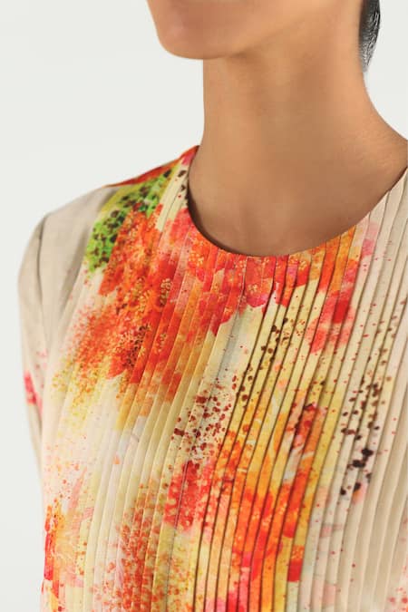 Buy_Til_Multi Color Silk, Cotton Round Florid Floral Print Gathered Kurta And Pant Set _Online_at_Aza_Fashions