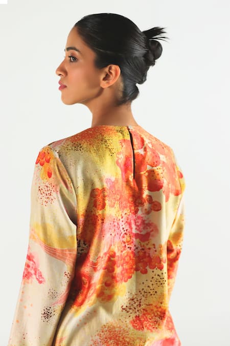 Shop_Til_Multi Color Silk, Cotton Round Florid Floral Print Gathered Kurta And Pant Set _Online_at_Aza_Fashions