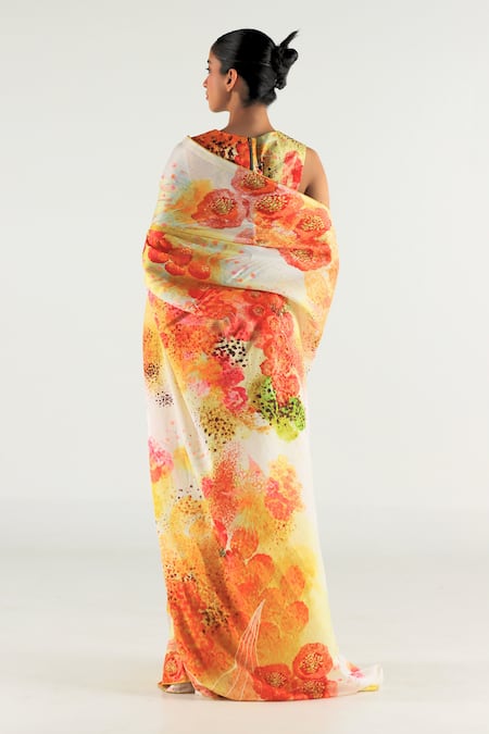 Shop_Til_Multi Color Satin, Beads, Florid Floral Print Saree With Blouse _at_Aza_Fashions