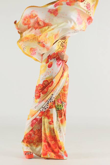 Til_Multi Color Satin, Beads, Florid Floral Print Saree With Blouse _Online_at_Aza_Fashions