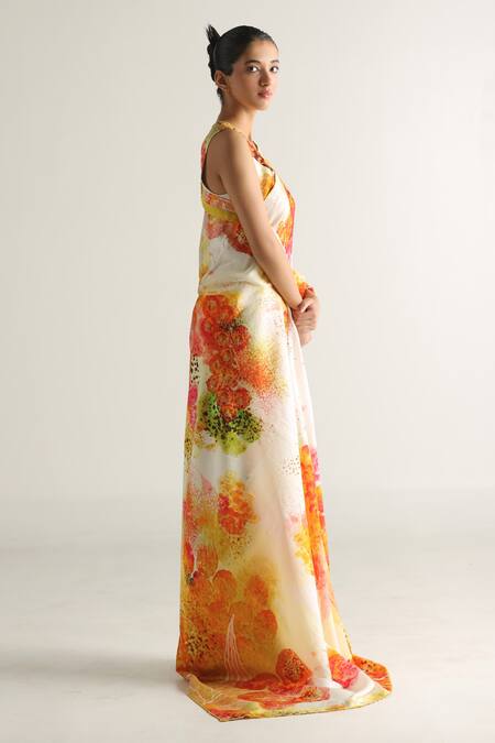 Buy_Til_Multi Color Satin, Beads, Florid Floral Print Saree With Blouse _Online_at_Aza_Fashions