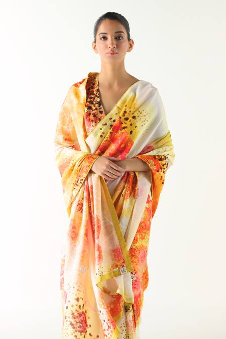 Shop_Til_Multi Color Satin, Beads, Florid Floral Print Saree With Blouse _Online_at_Aza_Fashions