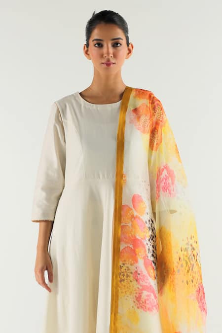 Til_Ivory Silk, Cotton Embroidery Round Neck Ghera Anarkali And Straight Pant _Online_at_Aza_Fashions