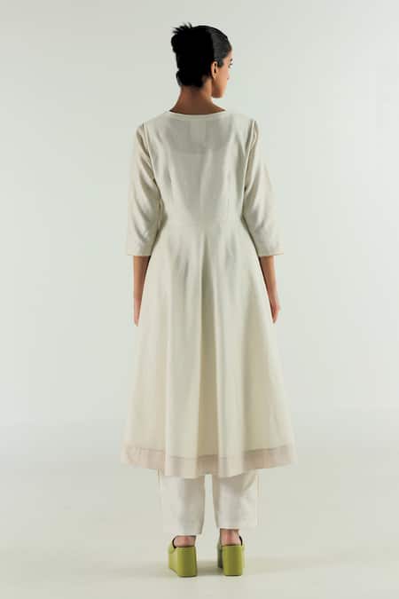 Shop_Til_Ivory Silk, Cotton Embroidery Round Neck Ghera Anarkali And Straight Pant _Online_at_Aza_Fashions