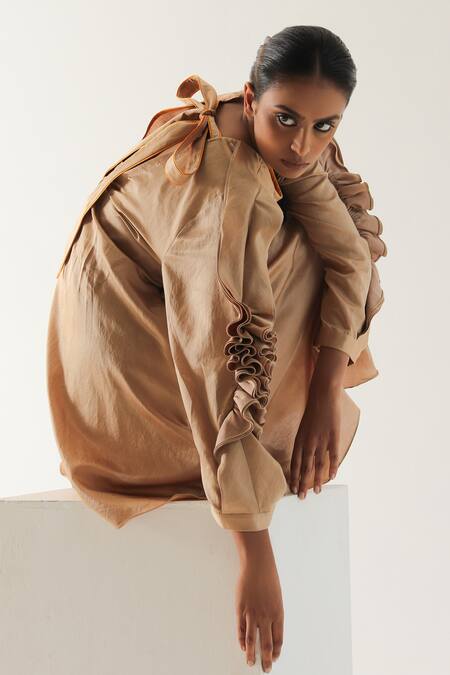 Til_Beige Cotton Satin Ruffles Open Neck Kilim Sleeve Dress _Online_at_Aza_Fashions