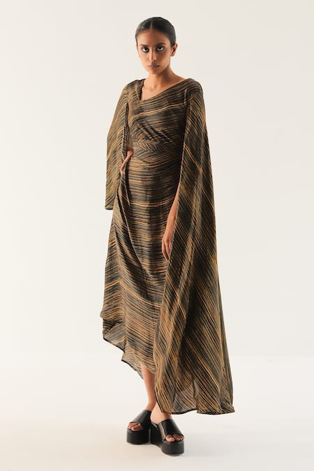 Shop Til Multi Color Georgette V-neck Amber Striped Draped Dress at Aza Fashions Shop_Til_Multi Color Georgette V-neck Amber Striped Draped Dress _at_Aza_Fashions