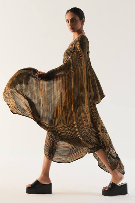 Til Multi Color Georgette V-neck Amber Striped Draped Dress Online at Aza Fashions Til_Multi Color Georgette V-neck Amber Striped Draped Dress _Online_at_Aza_Fashions