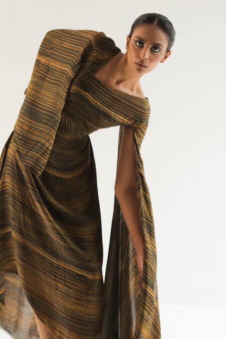 Buy Til Multi Color Georgette V-neck Amber Striped Draped Dress Online at Aza Fashions Buy_Til_Multi Color Georgette V-neck Amber Striped Draped Dress _Online_at_Aza_Fashions