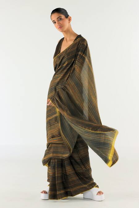 Til Multi Color Cotton Satin Beads Plunge Neck Amber Stripe Print Saree With Blouse Online at Aza Fashions Til_Multi Color Cotton Satin Beads Plunge Neck Amber Stripe Print Saree With Blouse _Online_at_Aza_Fashions
