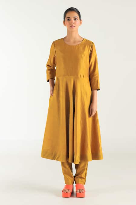 Shop_Til_Yellow Silk, Cotton, Chanderi Round Neck Ghera Anarkali With Straight Fit Pant _at_Aza_Fashions