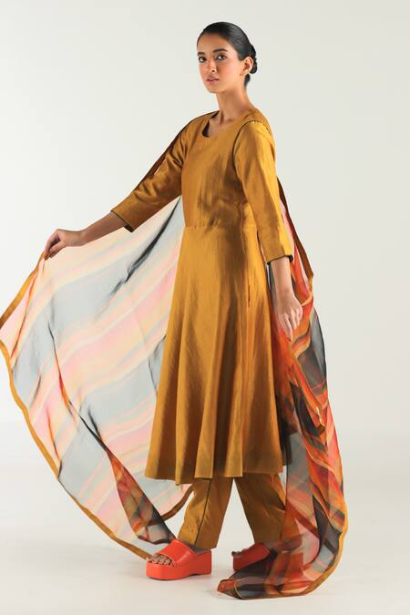 Buy_Til_Yellow Silk, Cotton, Chanderi Round Neck Ghera Anarkali With Straight Fit Pant _Online_at_Aza_Fashions