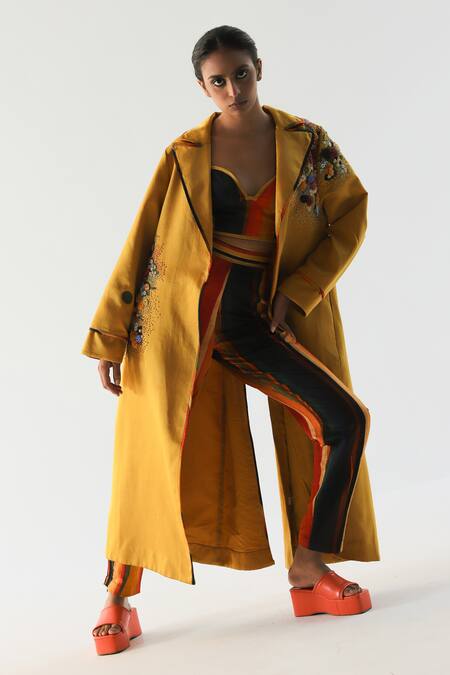 Til Yellow Cotton Satin Embroidery Collared Impasto Floral Hand Trench Online at Aza Fashions Til_Yellow Cotton Satin Embroidery Collared Impasto Floral Hand Trench _Online_at_Aza_Fashions