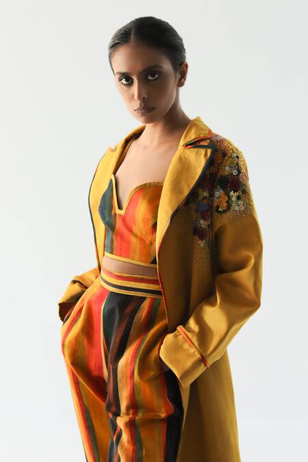Buy Til Yellow Cotton Satin Embroidery Collared Impasto Floral Hand Trench Online at Aza Fashions Buy_Til_Yellow Cotton Satin Embroidery Collared Impasto Floral Hand Trench _Online_at_Aza_Fashions