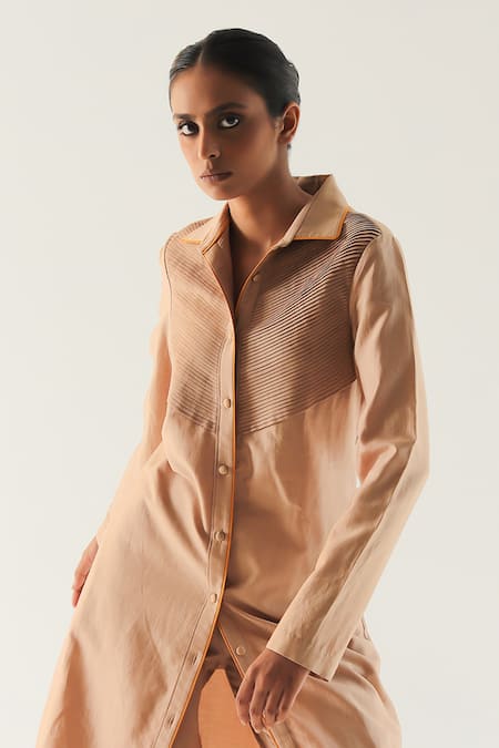 Til Beige Chanderi, Handloom Cotton Piping Solid Shirt Tunic And Straight Trouser Set Online at Aza Fashions Til_Beige Chanderi, Handloom Cotton Piping Solid Shirt Tunic And Straight Trouser Set _Online_at_Aza_Fashions
