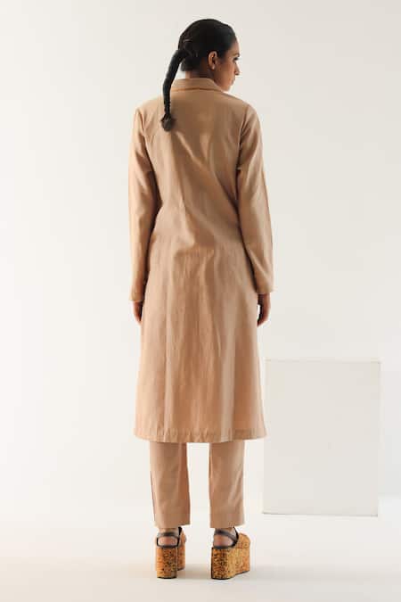 Shop Til Beige Chanderi, Handloom Cotton Piping Solid Shirt Tunic And Straight Trouser Set at Aza Fashions Shop_Til_Beige Chanderi, Handloom Cotton Piping Solid Shirt Tunic And Straight Trouser Set _at_Aza_Fashions