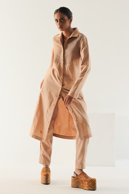 Shop Til Beige Chanderi, Handloom Cotton Piping Solid Shirt Tunic And Straight Trouser Set Online at Aza Fashions Shop_Til_Beige Chanderi, Handloom Cotton Piping Solid Shirt Tunic And Straight Trouser Set _Online_at_Aza_Fashions