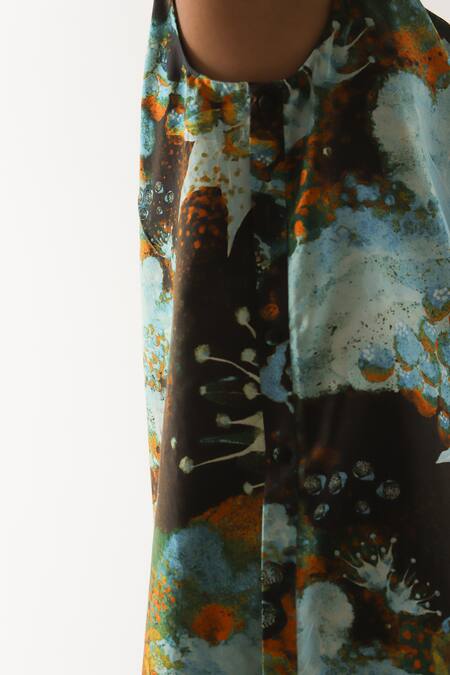 Til Multi Color Chanderi V-neck Florid Hand Painted Tunic And Trouser Set at Aza Fashions Til_Multi Color Chanderi V-neck Florid Hand Painted Tunic And Trouser Set _at_Aza_Fashions