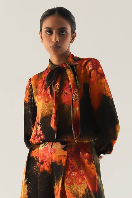 Til_Multi Color Georgette High Neck Florid Hand Painted Top And Trouser Set _Online_at_Aza_Fashions