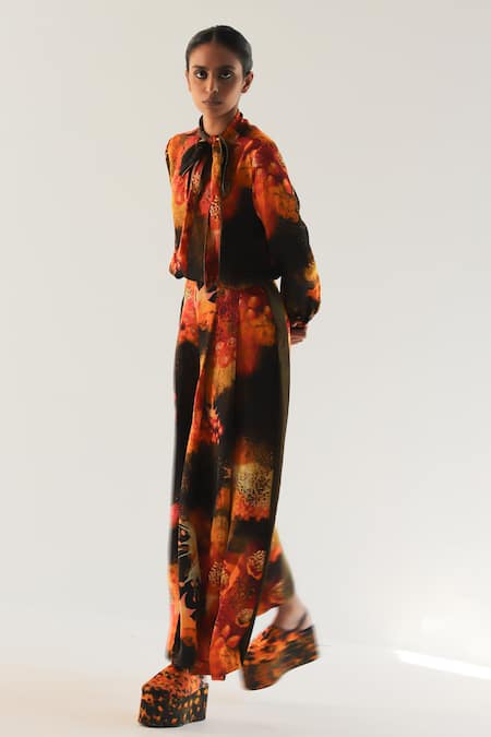 Shop_Til_Multi Color Georgette High Neck Florid Hand Painted Top And Trouser Set _at_Aza_Fashions