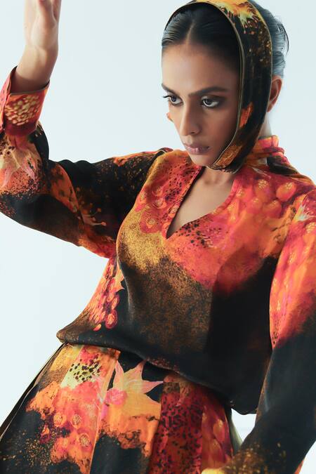 Shop_Til_Multi Color Georgette High Neck Florid Hand Painted Top And Trouser Set _Online_at_Aza_Fashions