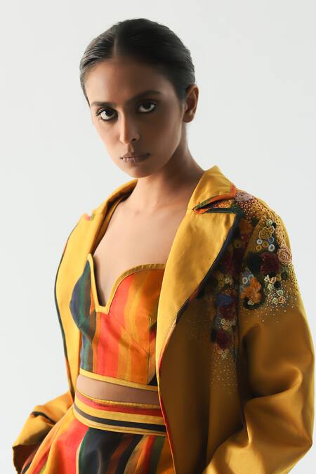 Til_Multi Color Satin, Sweetheart Neck Calico Hand Painted Bralette _Online_at_Aza_Fashions