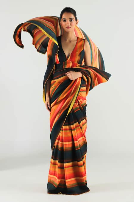 Shop_Til_Multi Color Cotton Satin, Cotton, Silk Calico Striped Print Saree With Blouse _at_Aza_Fashions
