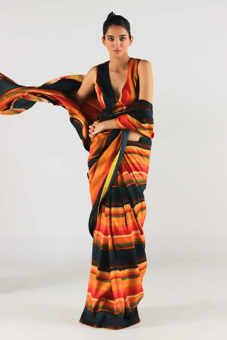 Til_Multi Color Cotton Satin, Cotton, Silk Calico Striped Print Saree With Blouse _Online_at_Aza_Fashions