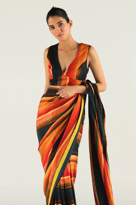 Buy_Til_Multi Color Cotton Satin, Cotton, Silk Calico Striped Print Saree With Blouse _Online_at_Aza_Fashions