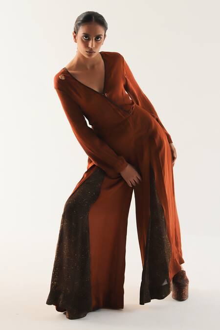 Shop_Til_Brown Georgette V-neck Caramel Tie-dyed Print Jumpsuit _at_Aza_Fashions