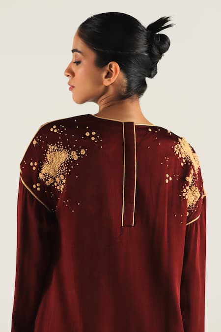 Shop_Til_Maroon Cotton, Linen Embroidery Round Thread Work Boyfriend Kurta And Pant Set _at_Aza_Fashions