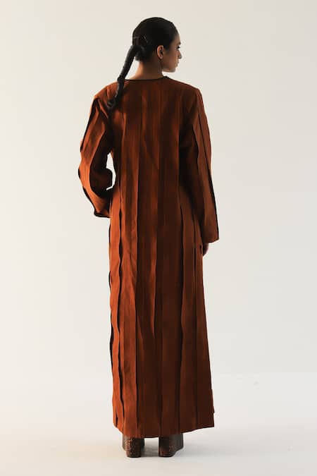 Shop Til Brown Chanderi Open Neck Russet Pleated Overlay at Aza Fashions Shop_Til_Brown Chanderi Open Neck Russet Pleated Overlay _at_Aza_Fashions