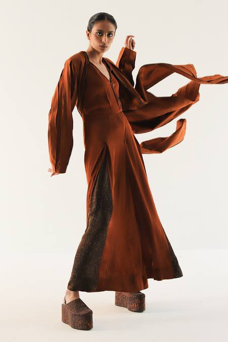 Til Brown Chanderi Open Neck Russet Pleated Overlay Online at Aza Fashions Til_Brown Chanderi Open Neck Russet Pleated Overlay _Online_at_Aza_Fashions