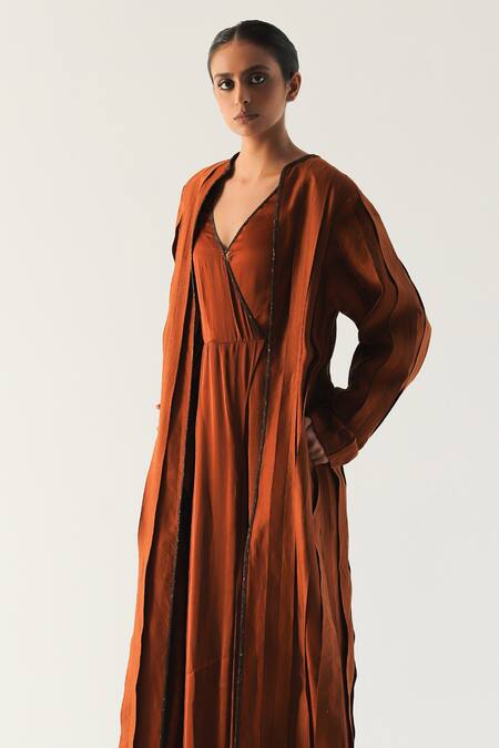 Buy Til Brown Chanderi Open Neck Russet Pleated Overlay Online at Aza Fashions Buy_Til_Brown Chanderi Open Neck Russet Pleated Overlay _Online_at_Aza_Fashions