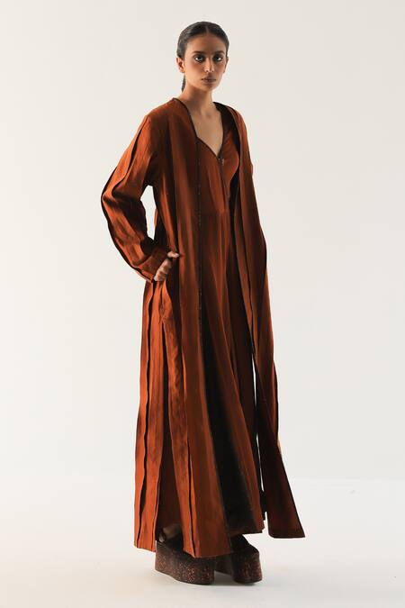 Shop Til Brown Chanderi Open Neck Russet Pleated Overlay Online at Aza Fashions Shop_Til_Brown Chanderi Open Neck Russet Pleated Overlay _Online_at_Aza_Fashions